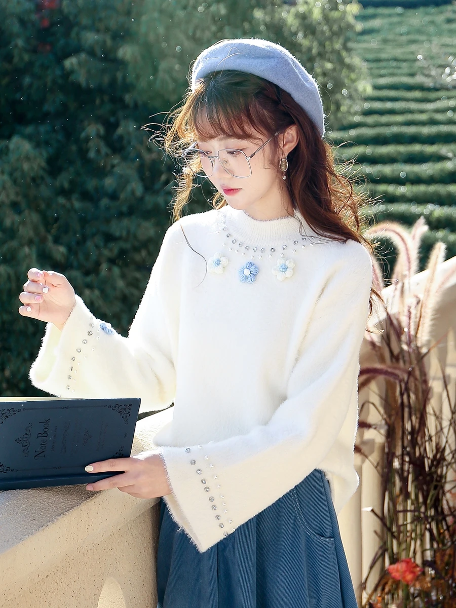 

Handmade round Ne Long Sve Women's Knitted Sweater Artistic Imitation Mink Spring New Sle Base Layer Top White Lu