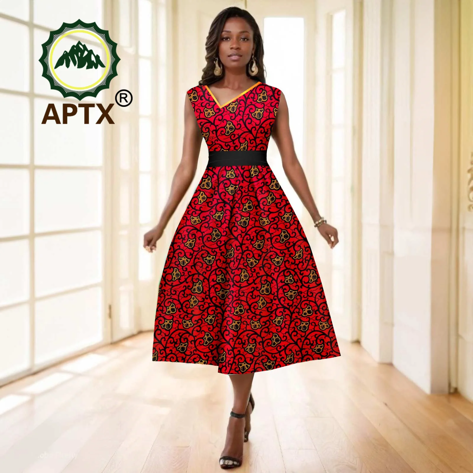 

African Dress for Women Ankara Print Patchwork Sleeveless V-Neck Mid Calf Dresses High Waist Dashiki Casual Party Attire 2425086