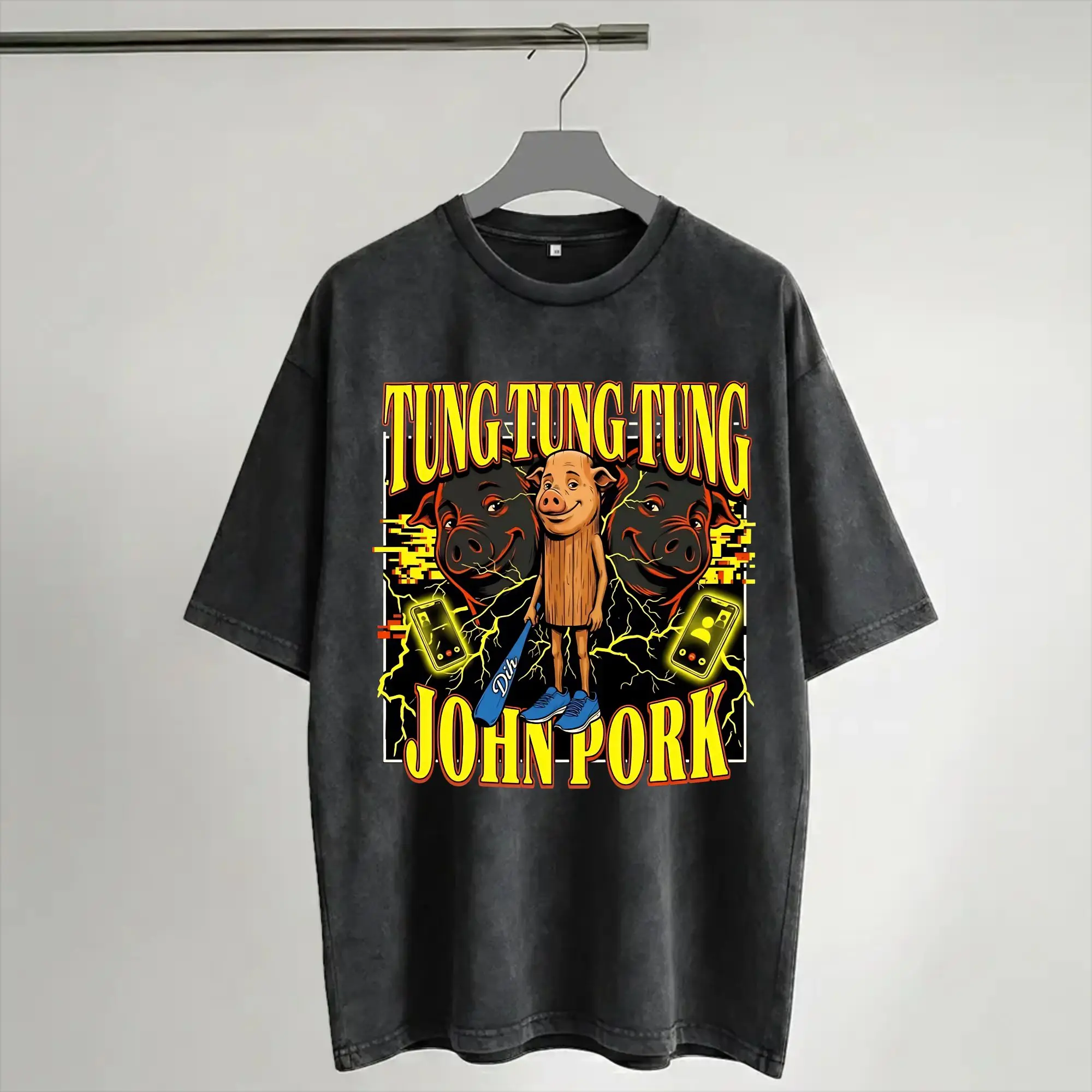 John Pork Tung Tung Tung Meme Gen Z Brainrot Funny Call  T Shirt Hip Hop Washed Short Sleeve T-Shirts for Men Women Streetwear