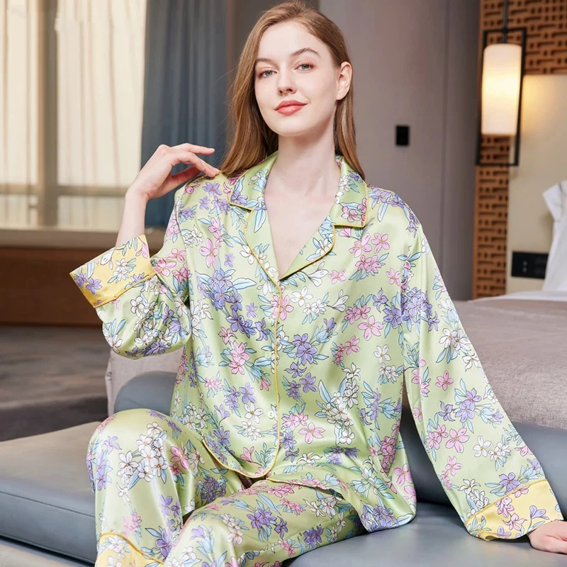 Floral Silk Pajama Set Women's 100% Mulberry Silk Long Sleeve & Trousers Loungewear Romantic Lapel Pajamas Button Down Homewear