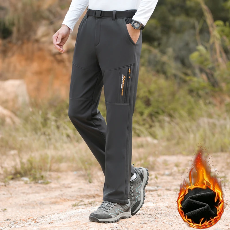 Men's Warm Fleece Pants, Waterproof Outdoor Work Pants, Winter Thickened Ski Mountaineering Hiking Pants, Wear-Resistant Windproof Camping Softshell Pants