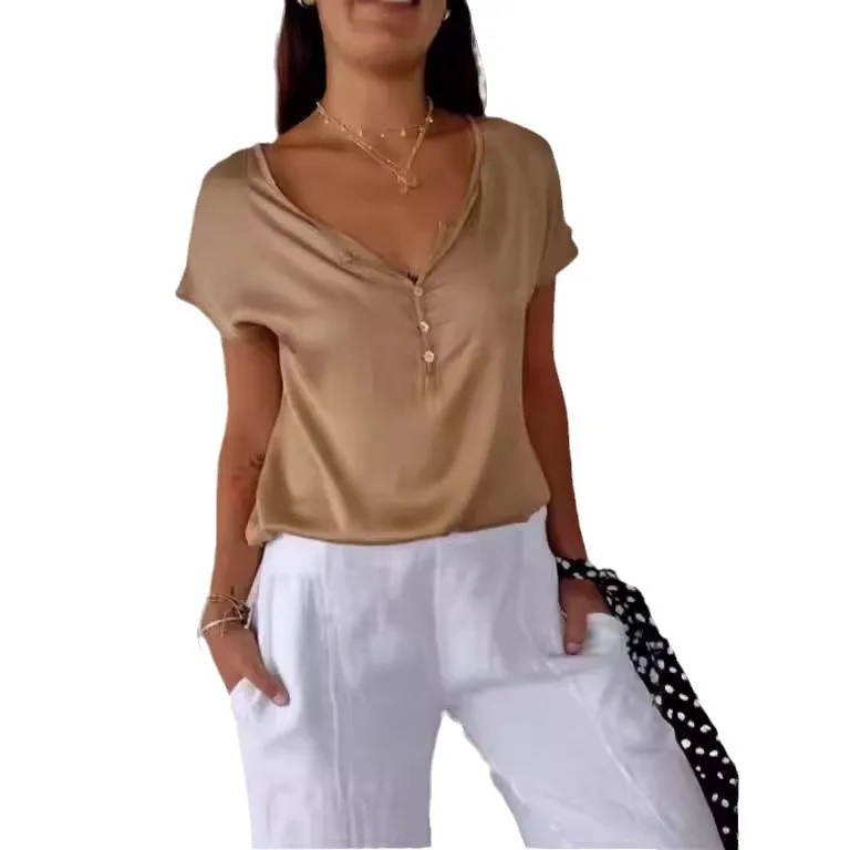 여성 반팔 티셔츠 탑 패션 캐주얼 솔리드 V 넥 풀오버 버튼 티셔츠 여성용 여름 새 여성 의류