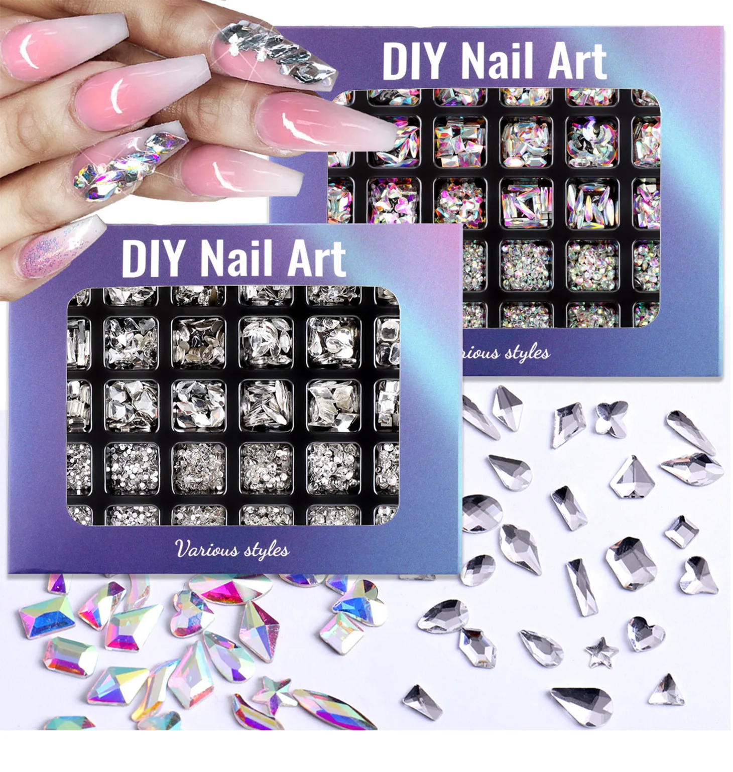 

30 Grid Luxury Shiny Glass Nail Art Rhinestones Crystal Decorations Set AB Glass 1pcs Pick Up Pen In Grids Box