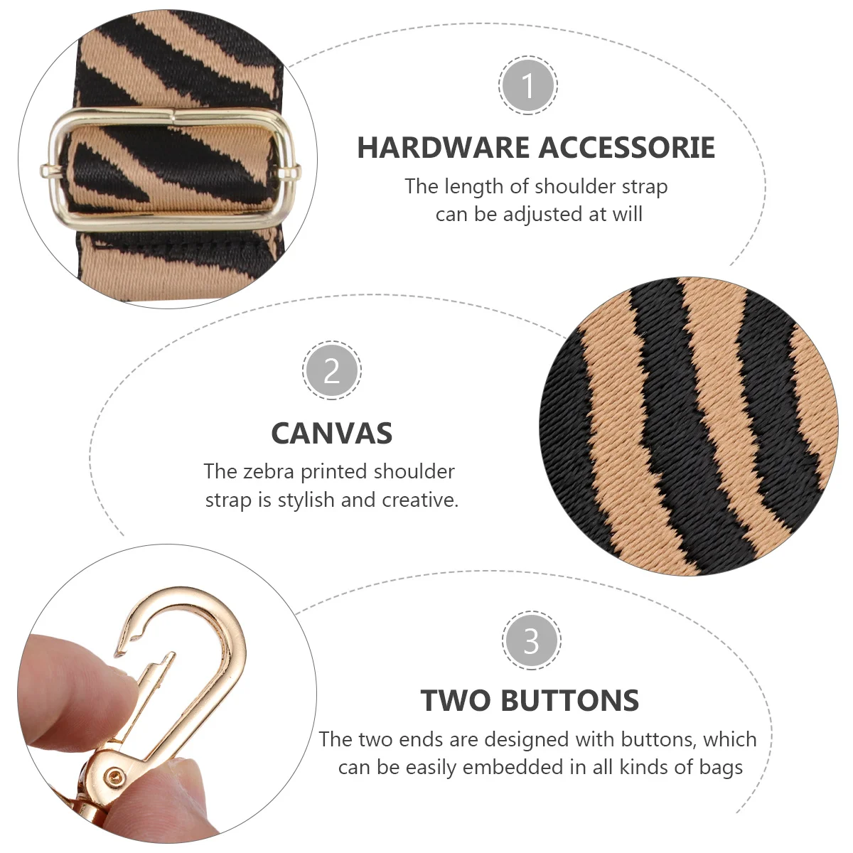 

Stylish Zebra Pattern Shoulder Strap Adjustable Length Crossbody Purse Belt Durable Canvas Material Creative Buckle Design Bag