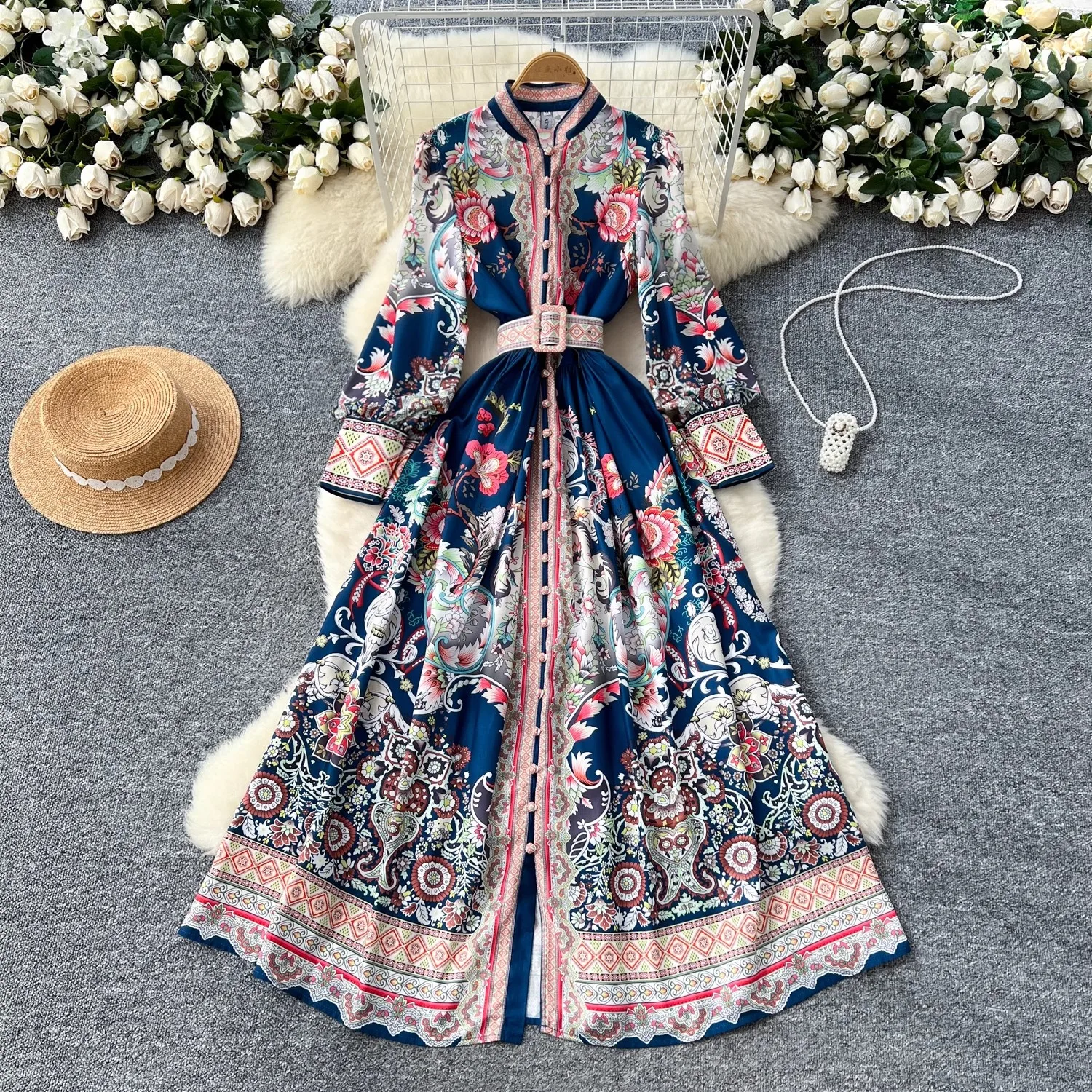 

Vintage Paisley Flower Print Bohemian Maxi Dress Women's V-Neck Long Lantern Sleeve Single Breasted Belt Slim Boho Vestidos