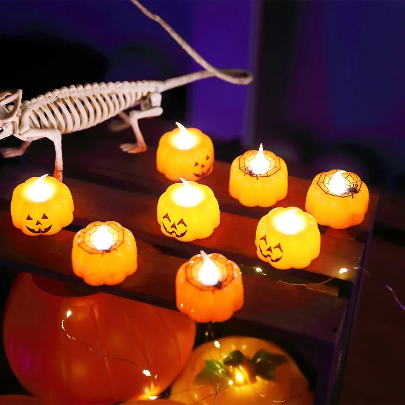 12/1x Mini LED Electronic Candle Lights Halloween Pumpkin Spider Web Lantern Flameless Flickering Candles Light Lamps Home Decor