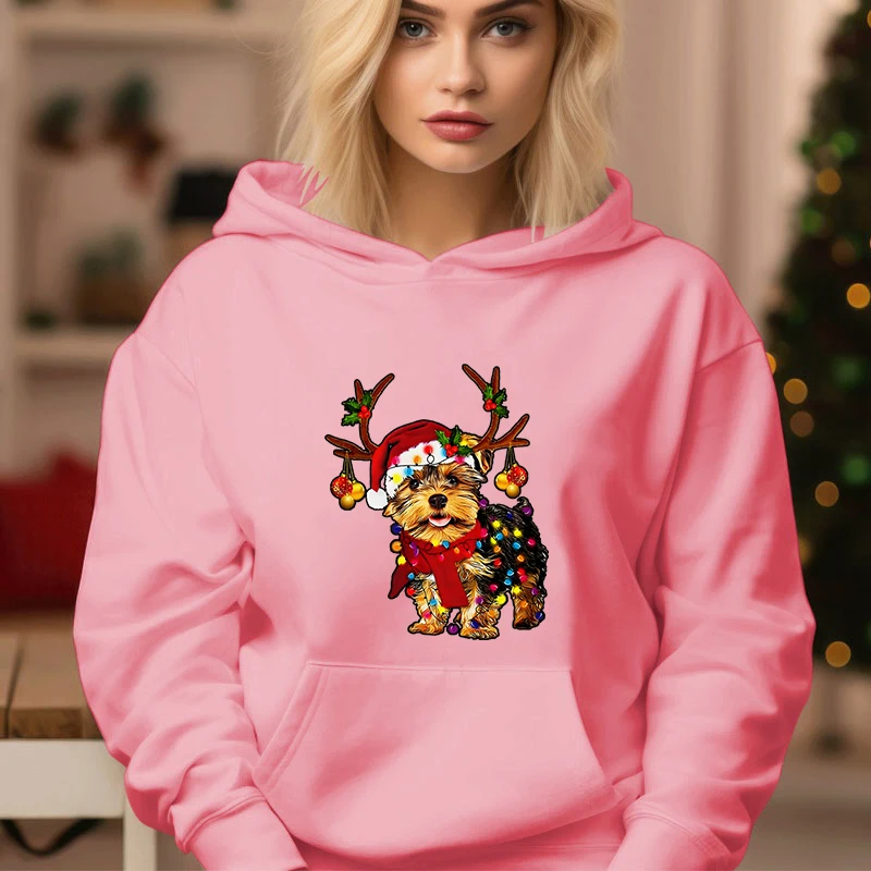 Noël renne Yorkshire chien imprimé Woomen sweats à capuche décontracté mode tendance sweat à capuche polaire à manches longues à capuche sweats de noël