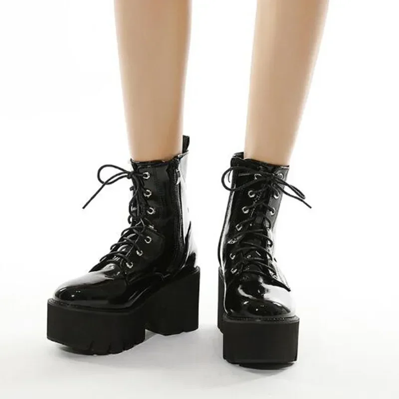 Fashion Chunky Motorcycle Boots for Women Autumn Winter Goth Boots Fashion Round Toe Lace-up Combat Boot Ladies High heels Shoes - view 6