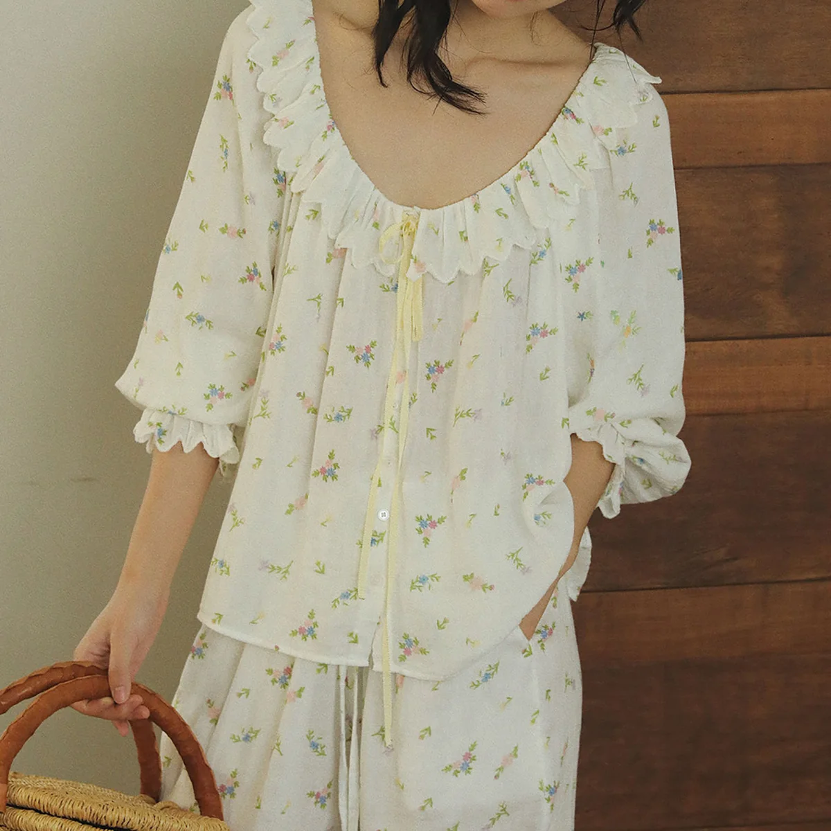 Pinkgoddess Spring 100% Cotton French Double-layer Gauze Flower Print Nightwear Women Girls Sweet French Home Clothing Set