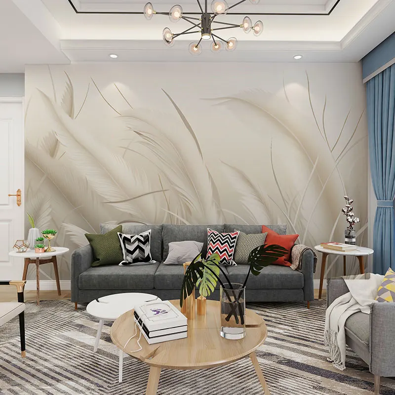 Customized cream style feather TV background wall paper living room sofa color feather background wall decoration wallpaper