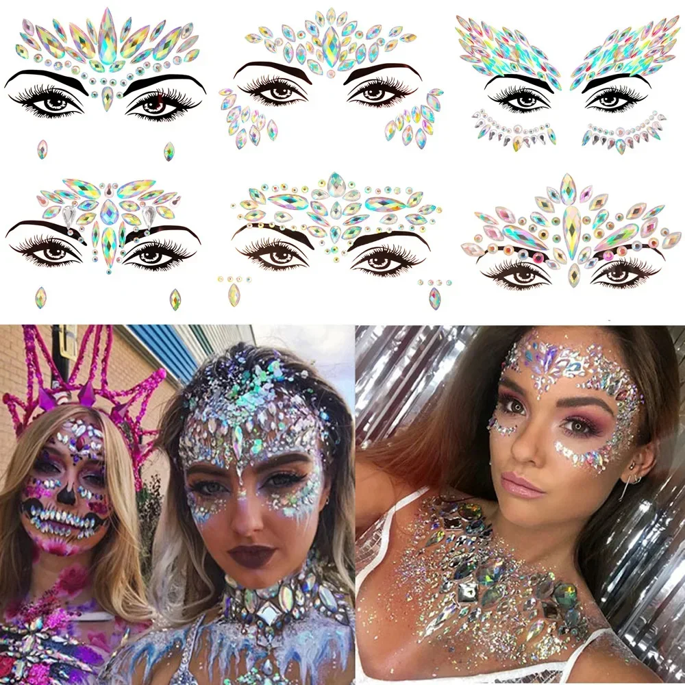 Jewels Face Stickers Crystal Tattoo Rhinestone Tattoo Sticker Resin Drill Glitter Makeup Music Festival Carnival Party Halloween