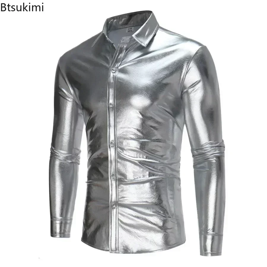 2025 Men's Metallic Glossy Shirts Nightclub Party Shiny Shirts Vintage Disco Costume Fashion Prints Casual Perform Clothing Men