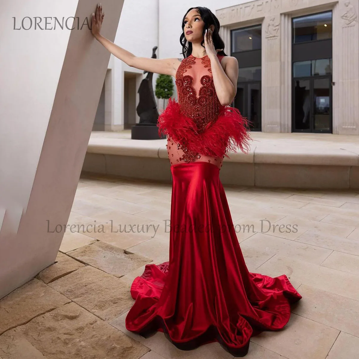 

Red Mermaid Prom Dresses 2024 Black Girls Feathers Luxury Diamonds Beading Sleeveless Evening Party Gowns vestidos de gala