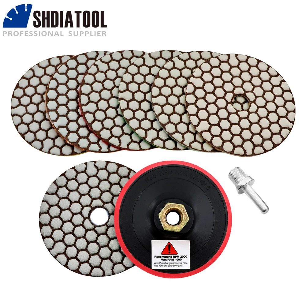 SHDIATOOL 4inch Diamond Dry Polishing Pads Set 7pcs 50-3000 Flexible Pads+1pc M14 Foam Plastic Velco Backer+Round Shank Adapter