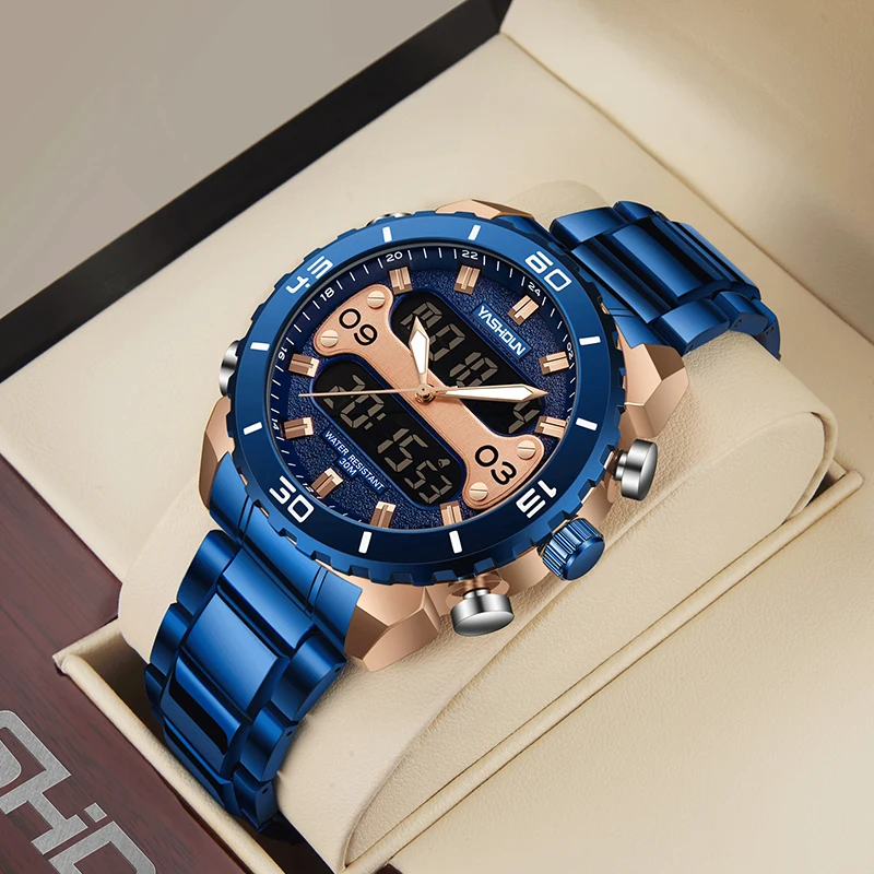 

YASHIDUN часы с двойным дисплеем, мужские военные часы, цифровые водонепроницаемые наручные часы, кварцевые часы, хронограф, часы для мужчин