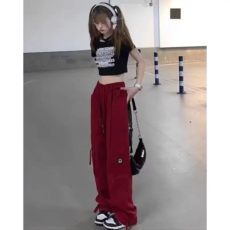 여성용 하이웨이스트 한국 스타일 작업복 바지 2025년 신상 루즈핏 슬림 패션 캐주얼 스포티 와이드 레그 팬츠 (가을/겨울)