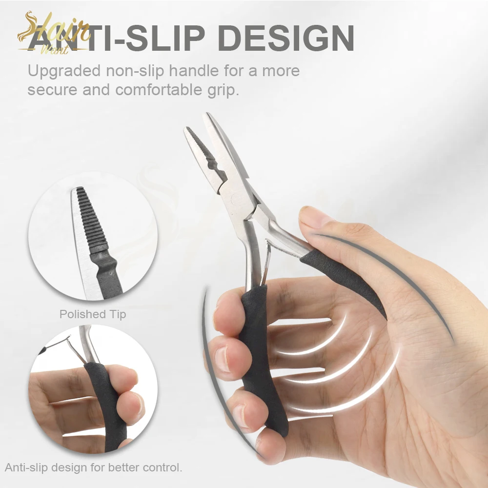 Szczypce do przedłużania włosów z antypoślizgowym uchwytem, szczypce do mikroringów, zaciskarka do mikroringów do przedłużania włosów metodą weft, do włosów z efektem tinsel.