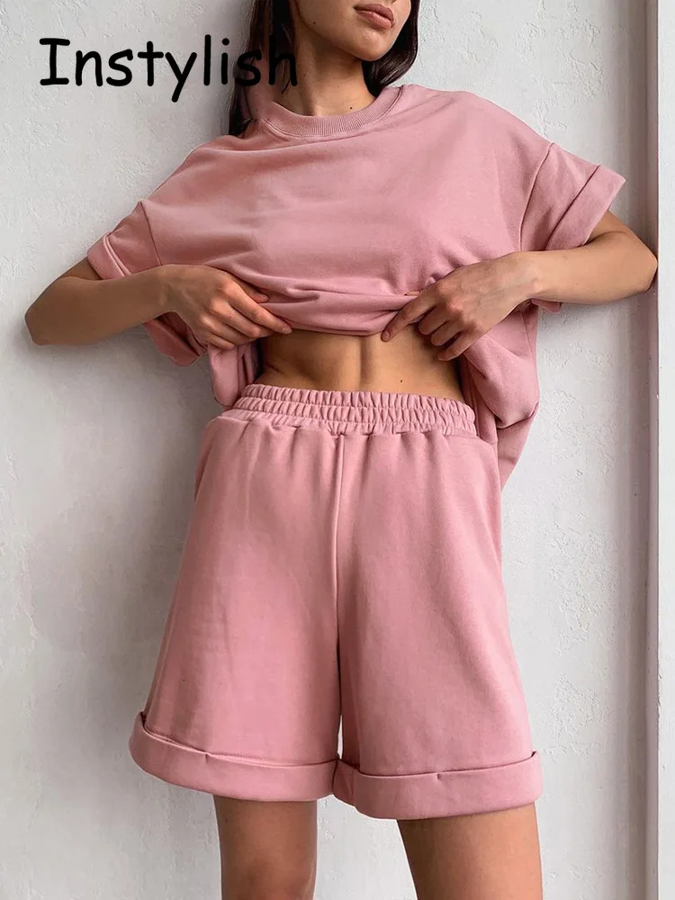 Green Suit Shorts with T-shirt for Women Top Loose Oversize Cotton Summer Two Piece Set Female Classic Tracksuit Casual Outfits