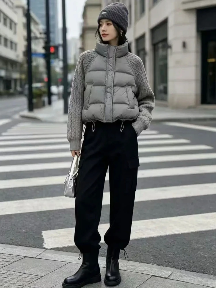 Winter Women Puffer Jacket Short Tops Thick Warm Coat Cable-Knit Sleeves Patchwork Parkas Stand-Up Collar Ideal for Petite Women