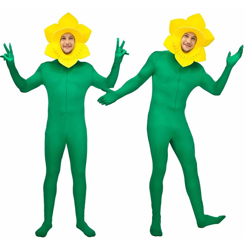 Costume de tournesol d'Halloween pour hommes adultes, robe de paupières, fleur jaune et verte, combinaison, drôle, pli, jeu, fête