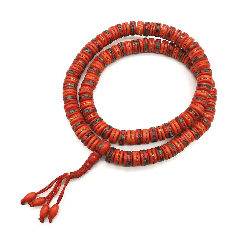 BRO001 Tibet Yak Bone 108 Prayer Beads Dyed Red Yak Bone Prayer Mala 12x5mm