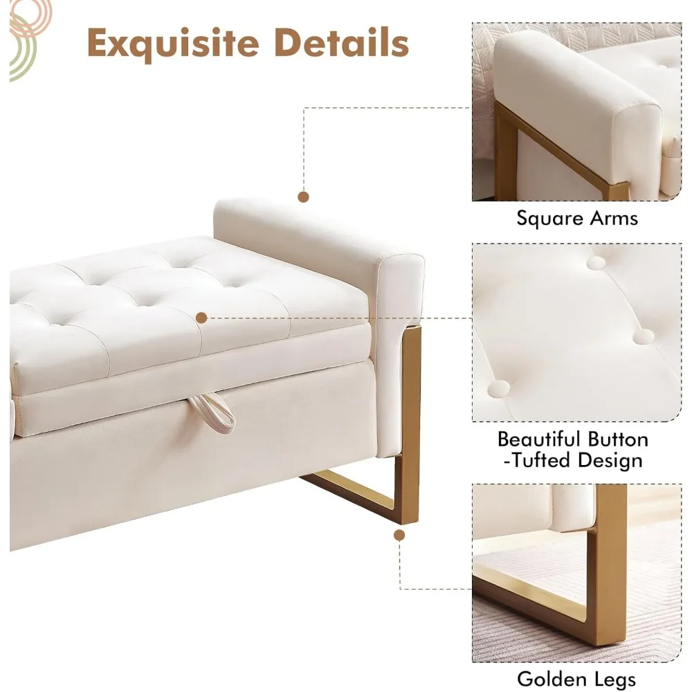 67 نهاية مقعد السرير بحجم كينج، مقعد تخزين مخملي لغرفة النوم، مقعد تخزين مزدوج الأغطية بأرجل ذهبية، منجد
