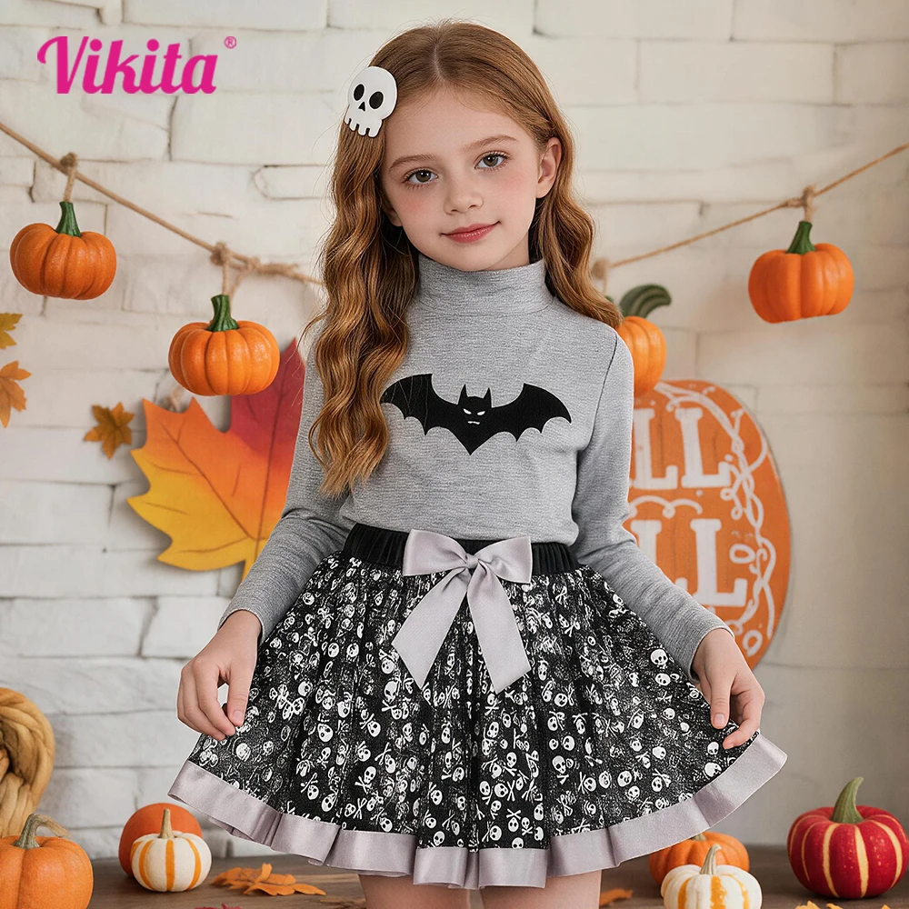 VIKITA Girls Skull Print Festival Tull Lace Tutu Skirt with Bow Knot Ruffled Skirt for Halloween Party Cosplay Dress Up Costumes