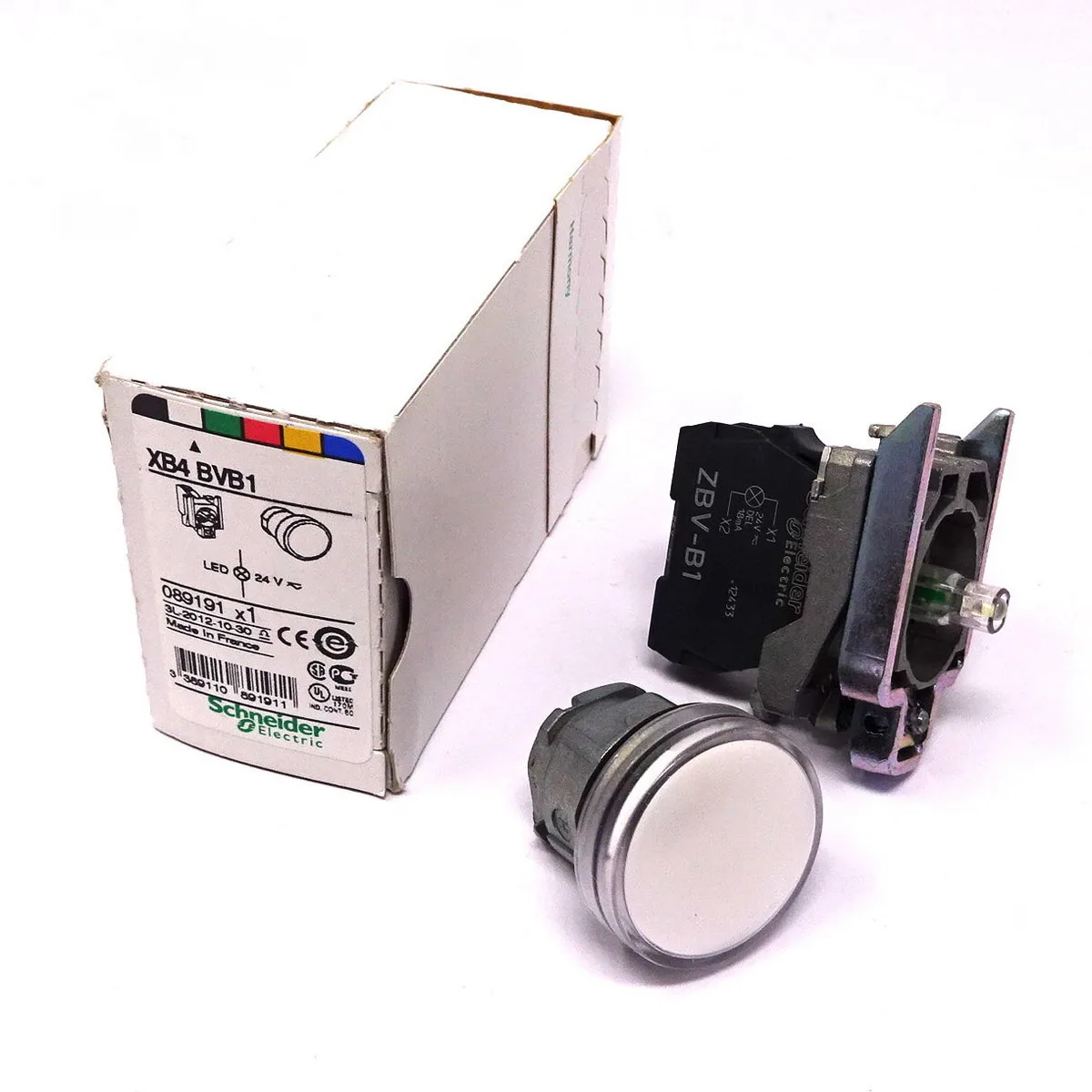 XB4BVB1 = ZB4BVB1 + ZB4BV013 white complete pilot light Ø22 plain lens with integral LED 24V