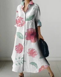 Nuovo abito camicia a maniche lunghe con risvolto rosa stampa Design Maxi gonna donna traspirante e confortevole per la primavera e l'estate