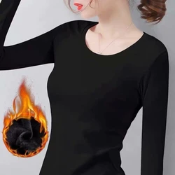 1pcs Women Autumn Winter Long-sleeved T-shirt  Lady Thermal Underwear Thick Velvet Slim Fit Fashion New Style Round-neck Top