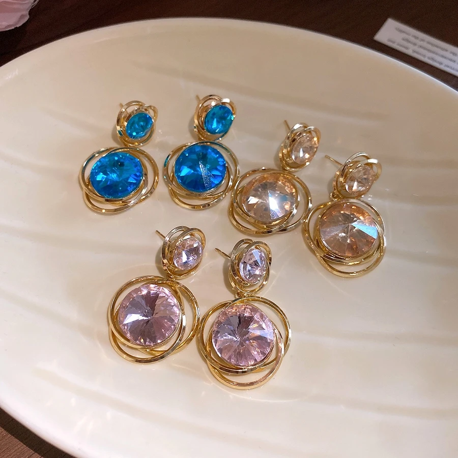 Double-Layer Spiral Frame Drop Earrings for Women Large Round Zircon Yellow Blue and Clear Tones  Luxury Designer Jewelry
