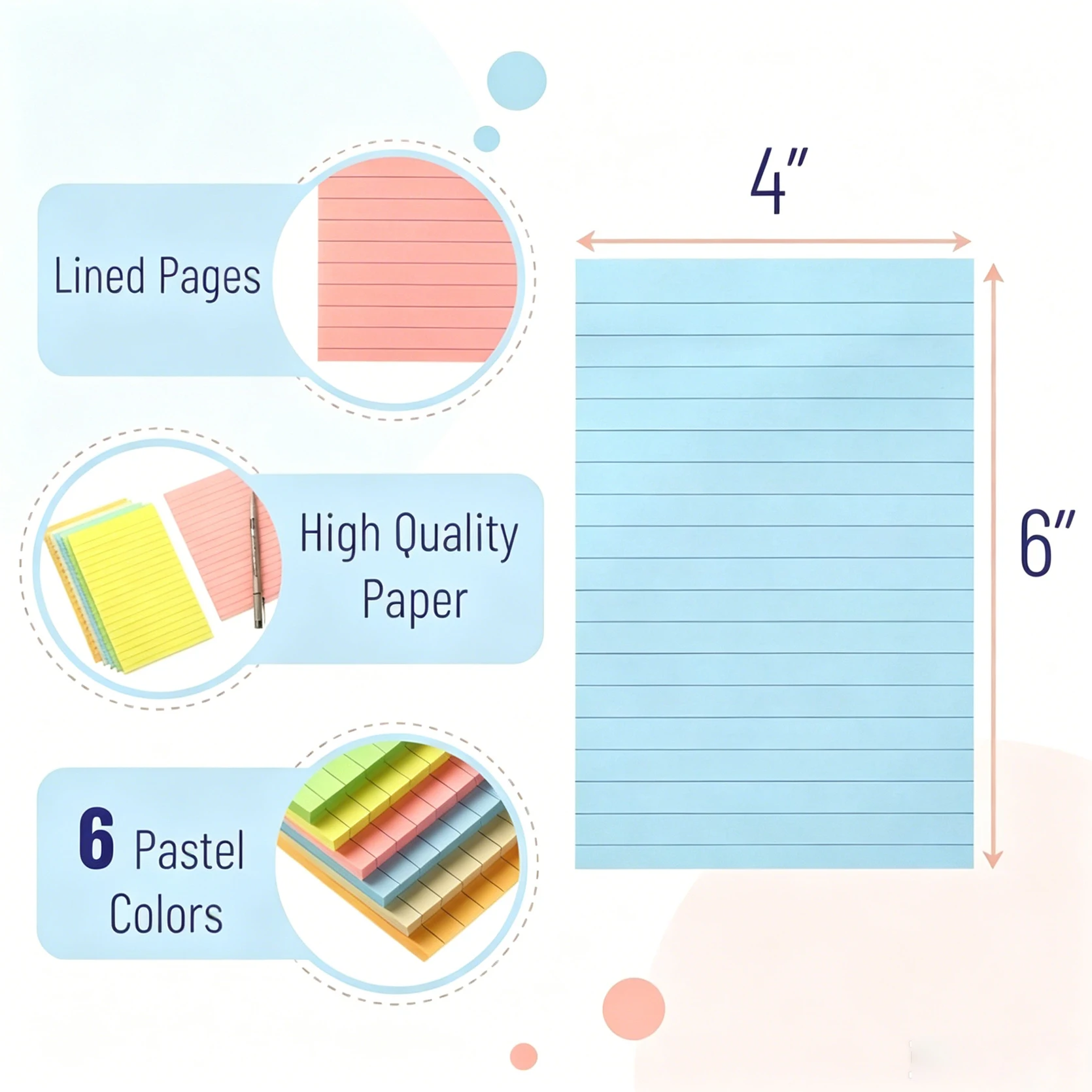 6Pcs 10*15cm Large Lined Sticky Notes Thick Inkproof Self Adhesive Memo Pad Student Back To School Essentials