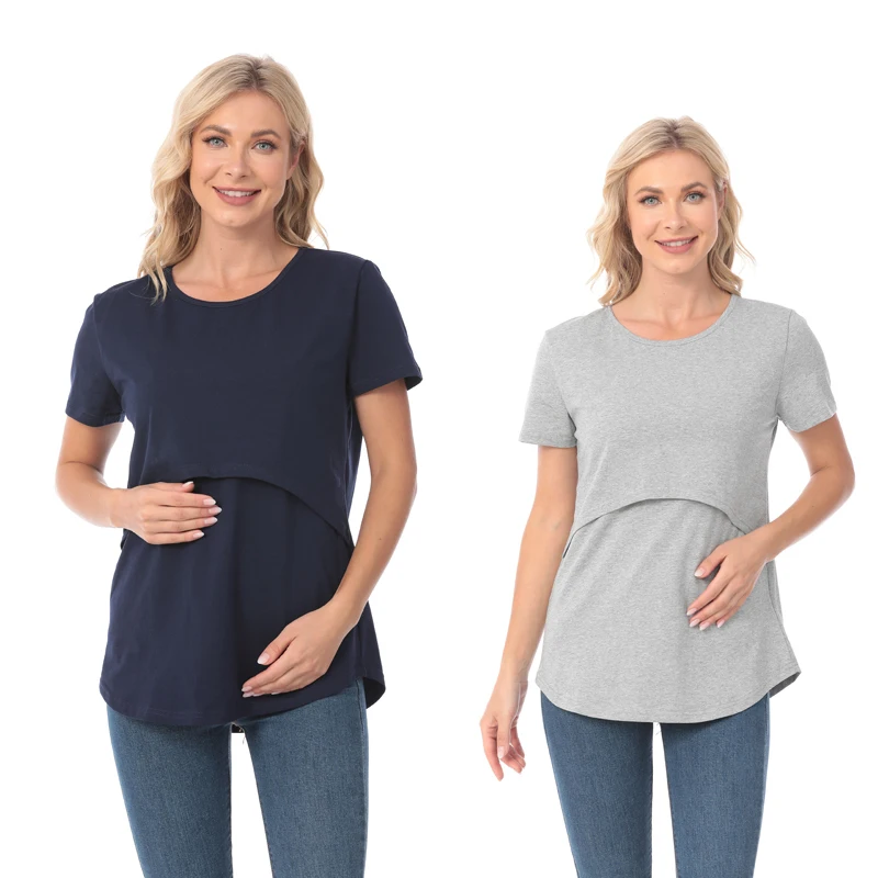 New Fashion Maternity Casual Wear Maternity Short Sleeve Solid Color Breastfeeding Top T-Shirt Pregnancy Womens Clothing Mom Tee