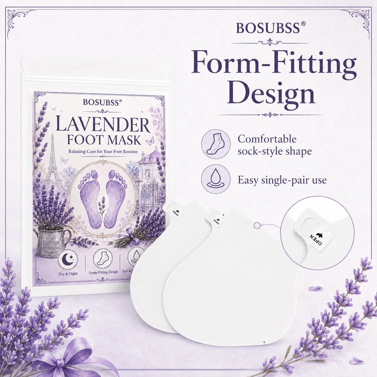 Lavender Moisturizing Foot Mask Socks 1 Pair with Adjustable Ankle Tabs for Dry Feet At-Home Foot Care Booties