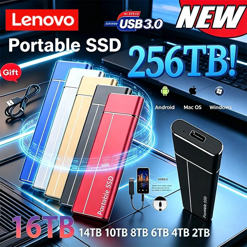 

Внешний твердотельный накопитель Lenovo высокоскоростной 16 ТБ 8 ТБ 4 ТБ 2 ТБ, портативный, с интерфейсом USB 3.0, оригинальный SSD