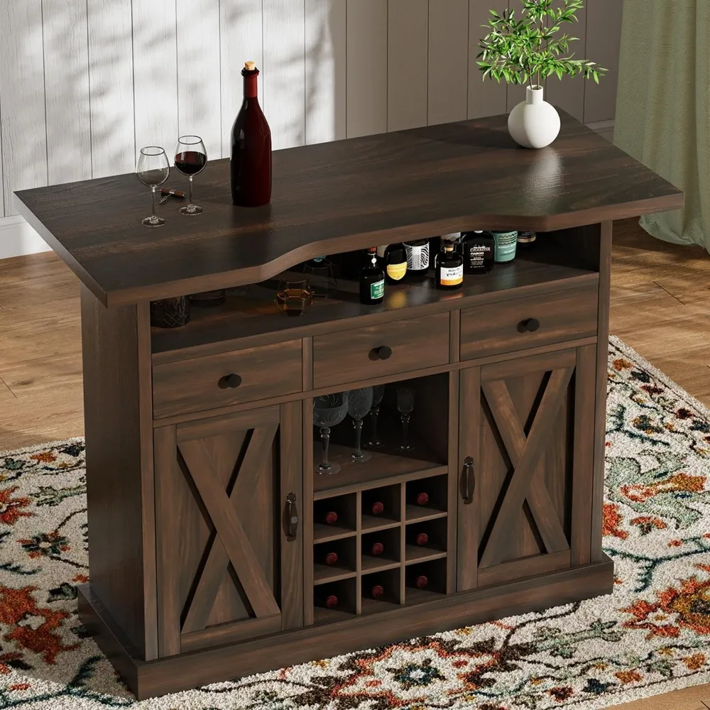 

52 Inch Large Home Bar Unit with Foot Rail, 4-Tier Storage Bar Table with 3 Drawers, Farmhouse Wine Bar Cabinet with 9 Wine Rack
