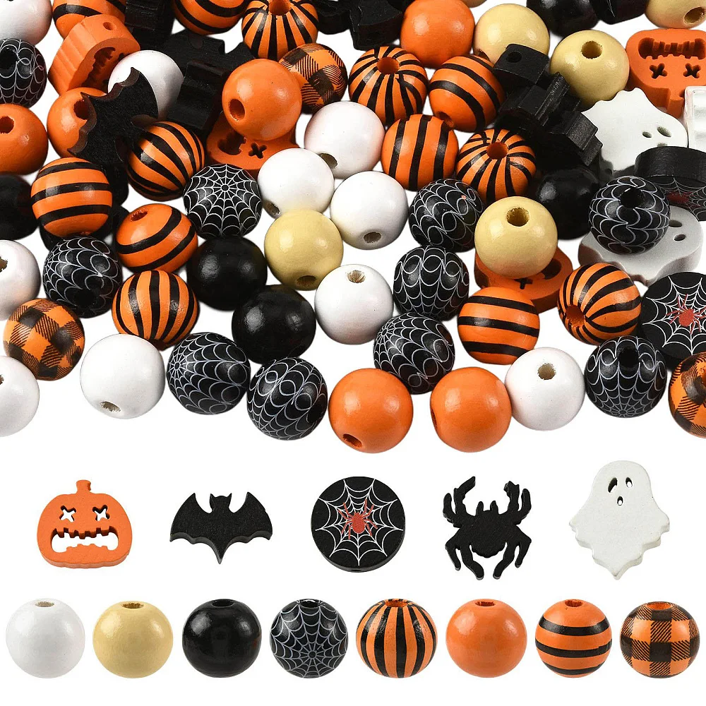 105pcs Halloween Wooden Beads Mixed Orange Pumpkin Spider Shape Ghost Round Spacer Loose Beads for Jewelry Decor Craft Making