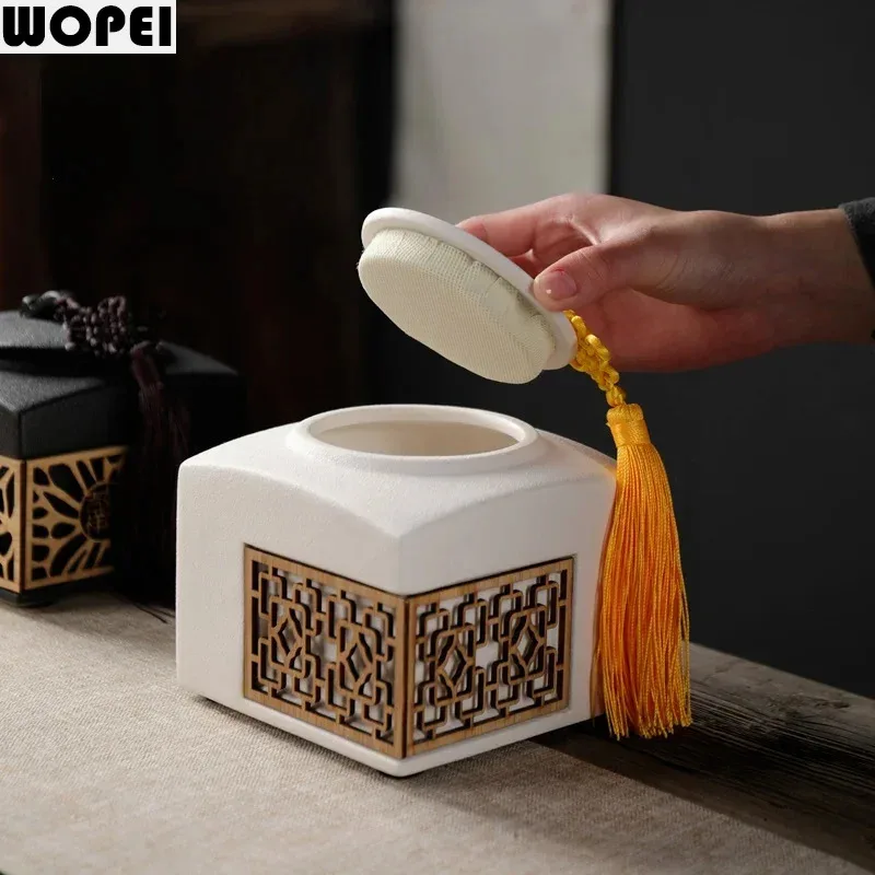 Chinese Square Tea Caddy Hollow Ceramic Jar Sealed Jar Storage Jars Tea Box Tea Container Tea Organizer Storage Tank Tea Can
