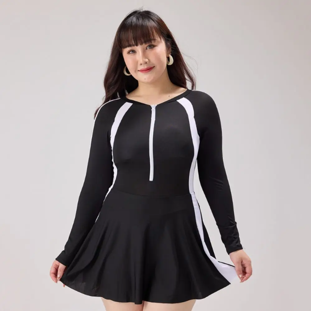 Elastic Women's Long Sleeve Swimsuit with Safety Pants Simple Style Belly Covering Swimsuit Anti-exposure Contrasting Colors