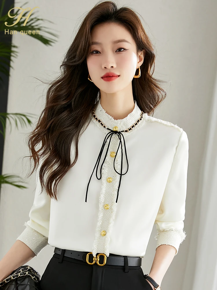 H Han Queen New Arrival Spring Autumn Shirts Women\'s Blouses Vintage Work Casual Top Chiffon Blouse Elegant Lace-Up Loose Shirts