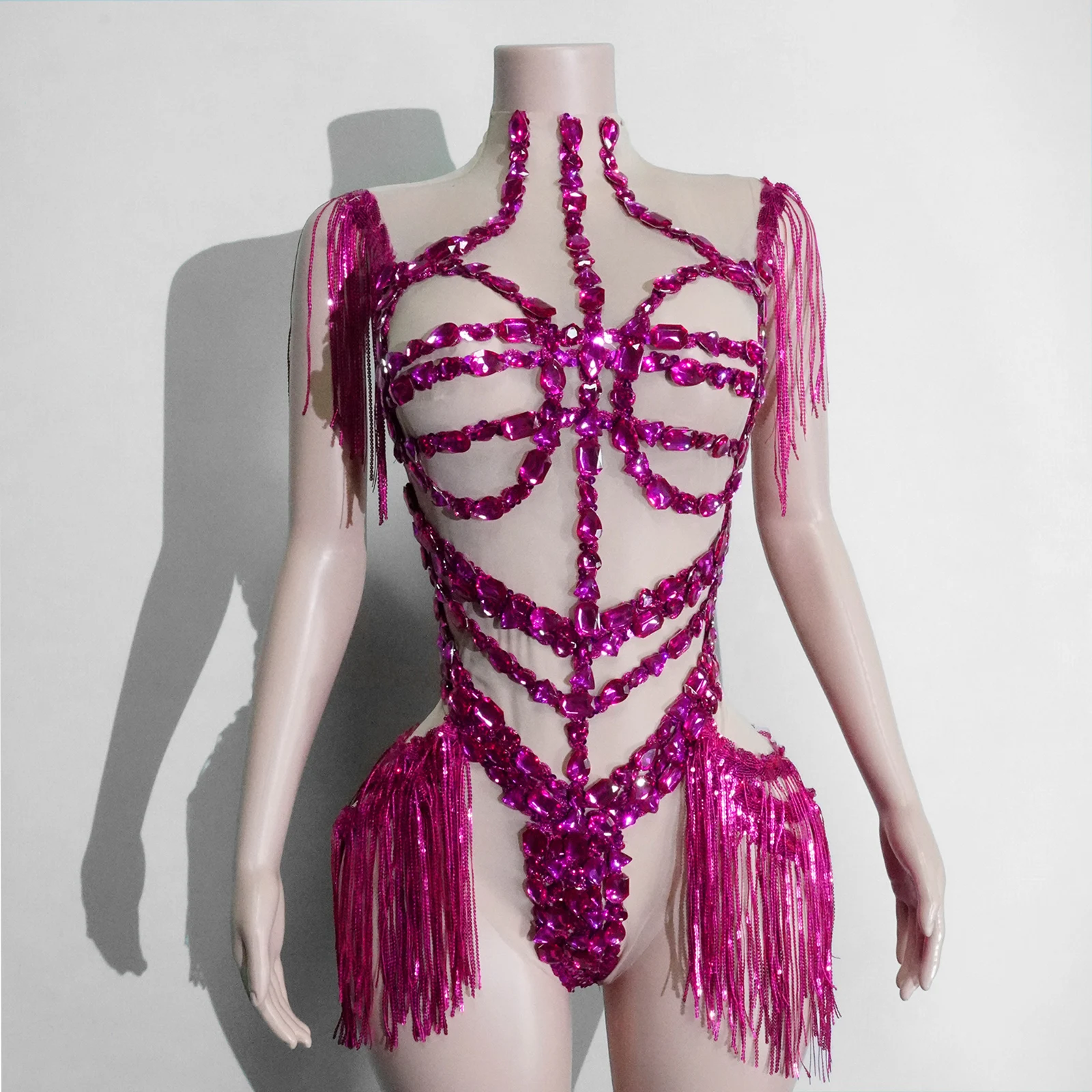 

Sexy Mesh See-through Rhinestone Pink Dance Bodysuit Party Birthday Club Nightclub Celebrate Performance Stage Drag Queen Outfit
