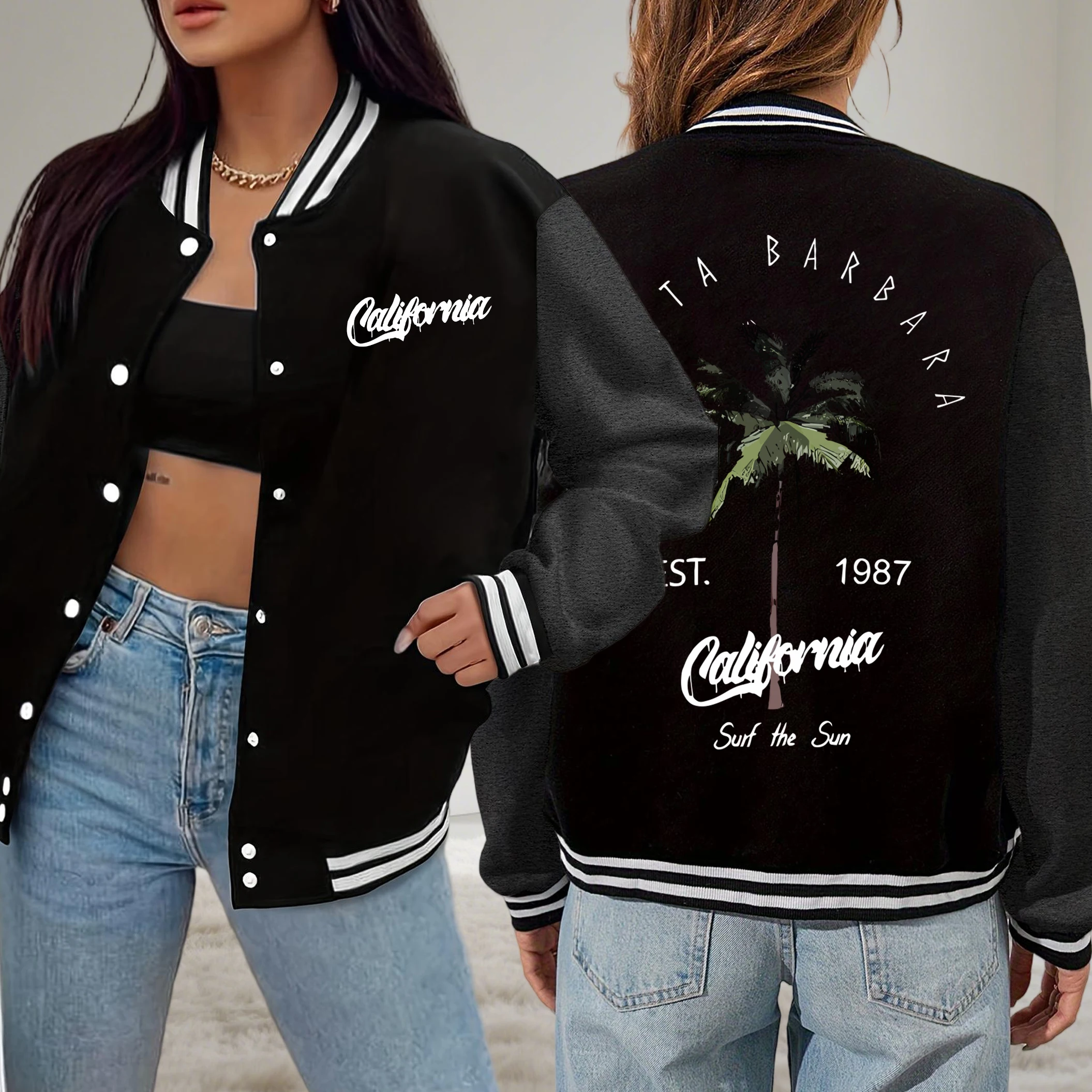 

Galafonia Coconut Palm Santa Barbara Pattern Women Baseball Uniform Autumn Fashion Clothes Fleece Loose Jacket Hip Hop Jackets