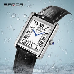 New Fashion Sanda Top Brand Rectangular For Women Man Silver Case Luxury Leather Band Quartz Clock Zegarek Damski Wrist Watches