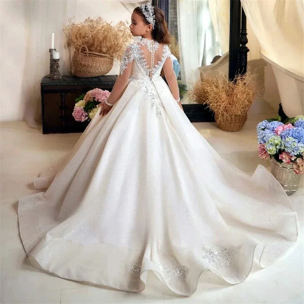 Communion Lace Satin Baby Girl Birthday Party Luxury Flower Girl Gown Wedding Birthday Pageant Catwalk Strap Train Kids