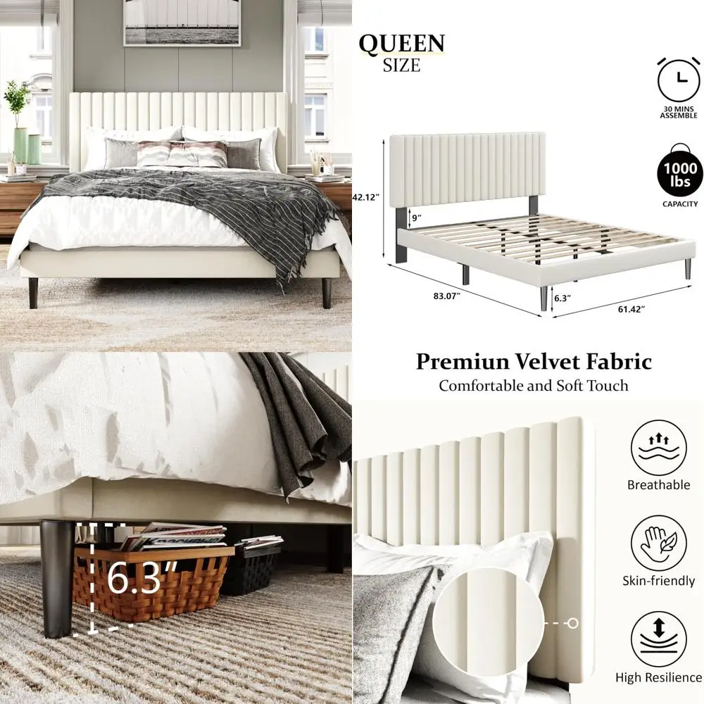 

Velvet-Tufted Queen Bed Frame with Wood Slat Support and Optional Box Spring
