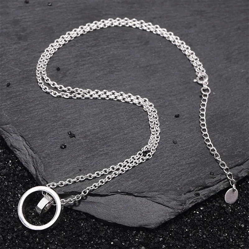 

Sterling Silver Fashion Sweet Double Ring Hollow Necklace Short Women's Pendant Korean Edition Student Collar Chain Versatile an