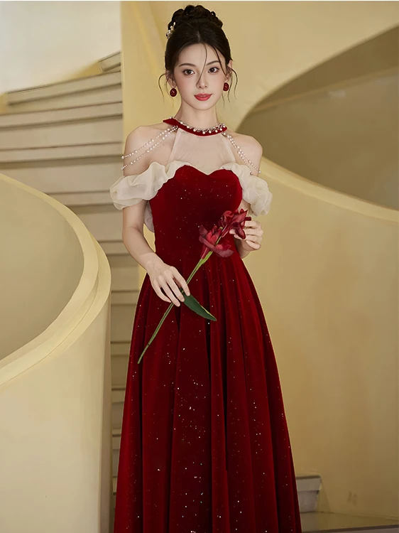 

Ele Red Long Dr One oulder Neline Wedding Dr for Women Pearl Embellied Floor Length Gown for Wedding Ceremony