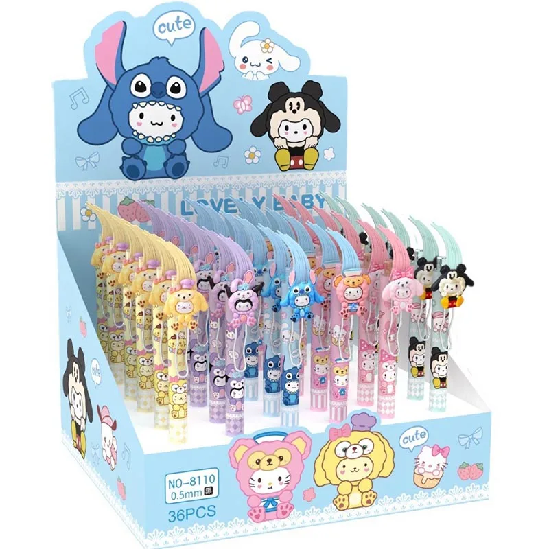 36 stks/partij Creatieve Stitch Sanrio Druk Gel Pen Kawaii 0.5mm Zwarte Inkt Lang Haar Handtekening Pennen Relatiegeschenk Schoolbenodigdheden