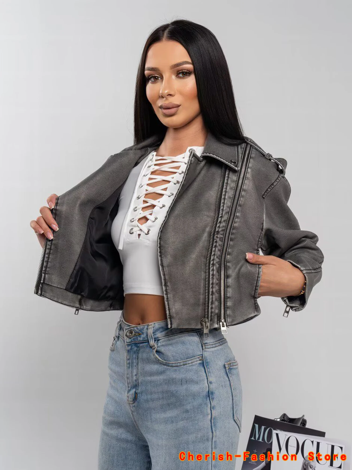 2025 New Style Women's Washed Leather Jacket Brand Coat, Short Coat With Downgraded Zipper And Vintage Lapel Jacket Brown Jacket