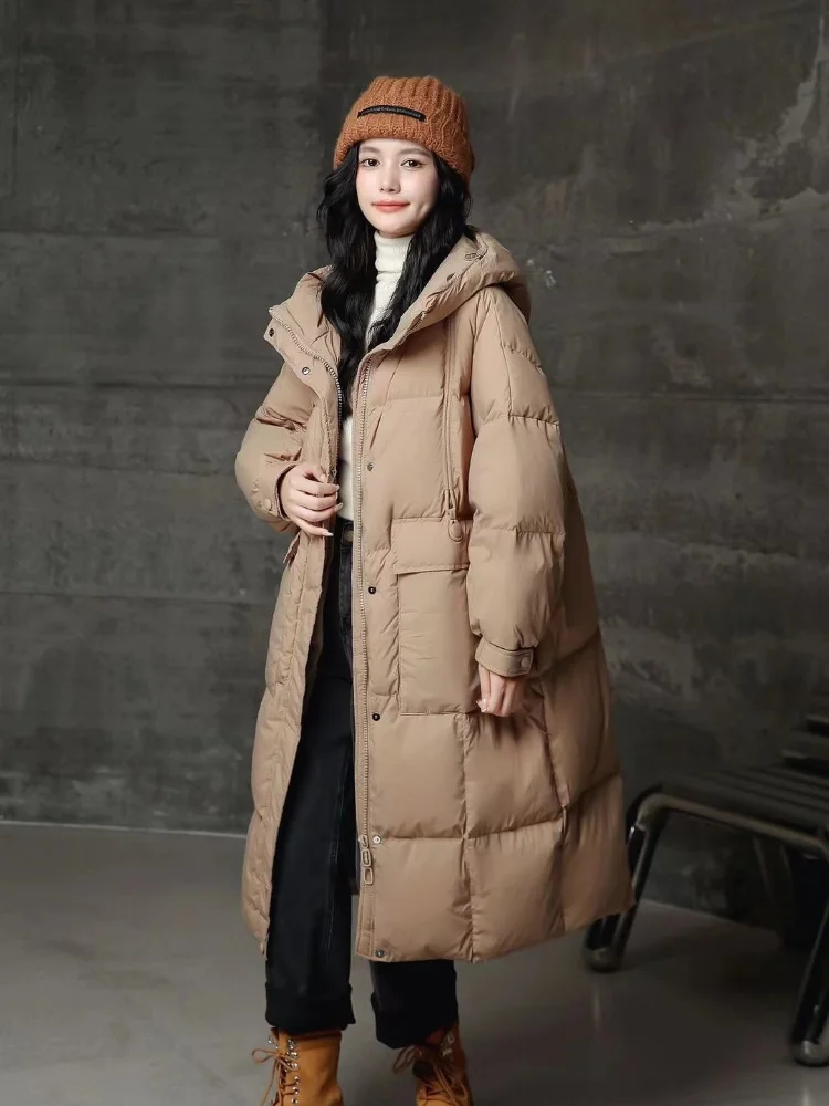 Women's White Duck Down Puffer Jacket, Warm Long Down Coats, Loose Casual Hooded Coats, Monochromatic, 90 White, Winter